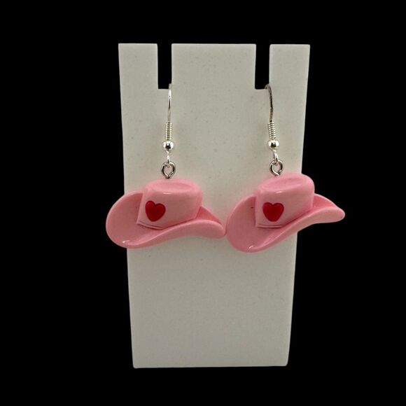 Pink Cowgirl Hat Earrings Western Earrings Silver Plated Ear Wires - Picture 2 of 6